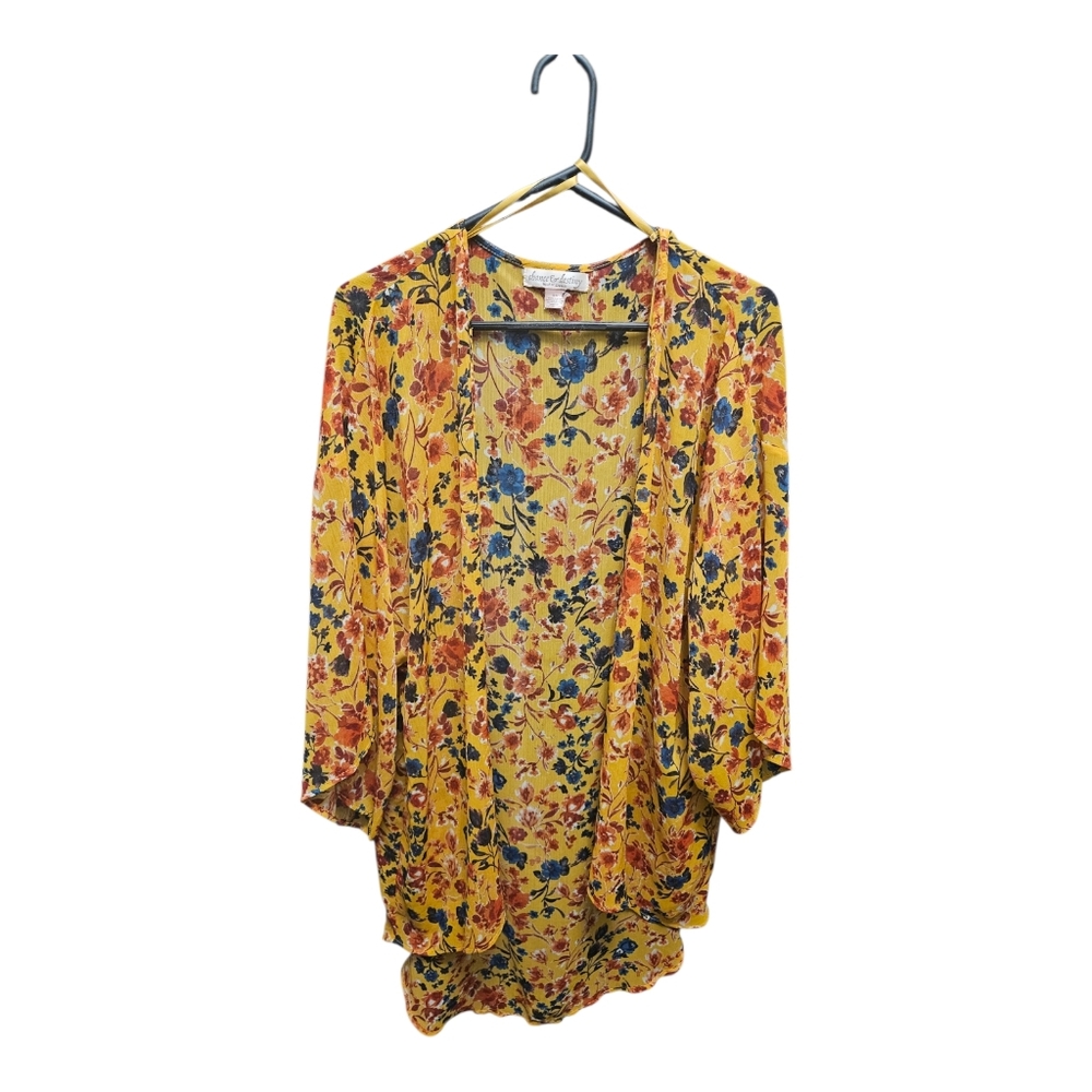 NWOT Band of Gypsies Floral Print Yellow Open Sheer Kimono Cover Up Size S Boho